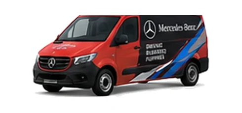 Mercedes Benz Vito in red with custom van vinyl graphics, front three-quarter view.
