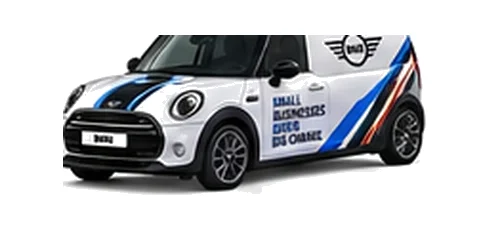 Mini Cargo in white with custom van vinyl graphics, front three-quarter view.
