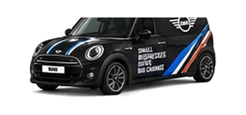 Mini Cargo in black with custom van vinyl graphics, front three-quarter view.