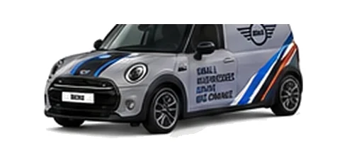 Mini Cargo in grey with custom van vinyl graphics, front three-quarter view.