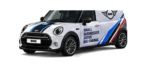 Mini Cargo in silver with custom van vinyl graphics, front three-quarter view.