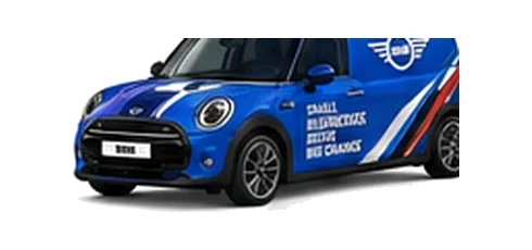 Mini Cargo in blue with custom van vinyl graphics, front three-quarter view.