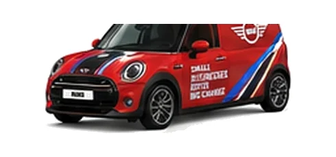 Mini Cargo in red with custom van vinyl graphics, front three-quarter view.