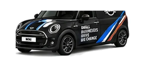 Mini Clubvan in black with custom van vinyl graphics, front three-quarter view.