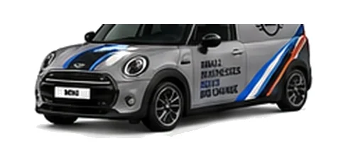 Mini Clubvan in grey with custom van vinyl graphics, front three-quarter view.