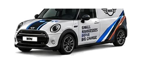 Mini Clubvan in silver with custom van vinyl graphics, front three-quarter view.