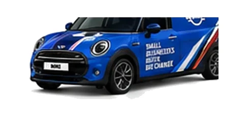 Mini Clubvan in blue with custom van vinyl graphics, front three-quarter view.
