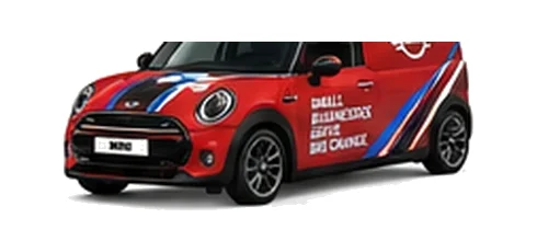 Mini Clubvan in red with custom van vinyl graphics, front three-quarter view.