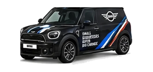 Mini Countryman Commercial in black with custom van vinyl graphics, front three-quarter view.