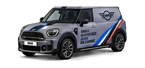 Mini Countryman Commercial in grey with custom van vinyl graphics, front three-quarter view.
