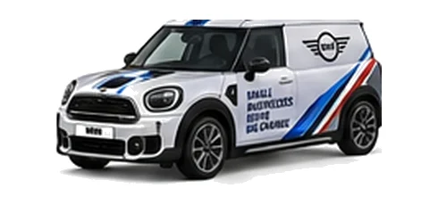 Mini Countryman Commercial in silver with custom van vinyl graphics, front three-quarter view.