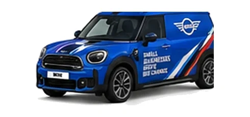 Mini Countryman Commercial in blue with custom van vinyl graphics, front three-quarter view.