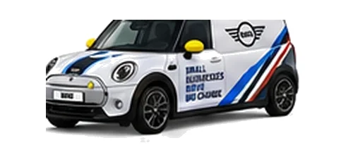Mini Electric Cargo in white with custom van vinyl graphics, front three-quarter view.