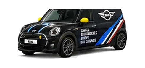 Mini Electric Cargo in black with custom van vinyl graphics, front three-quarter view.