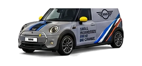 Mini Electric Cargo in grey with custom van vinyl graphics, front three-quarter view.