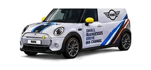 Mini Electric Cargo in silver with custom van vinyl graphics, front three-quarter view.