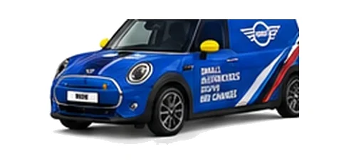 Mini Electric Cargo in blue with custom van vinyl graphics, front three-quarter view.
