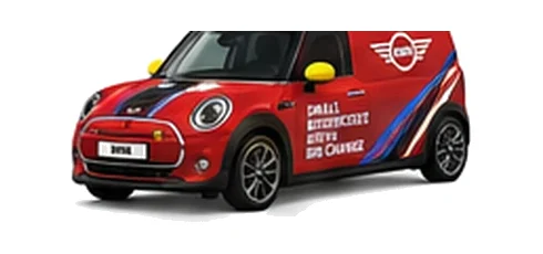 Mini Electric Cargo in red with custom van vinyl graphics, front three-quarter view.