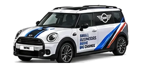 Mini Traveller Van in white with custom van vinyl graphics, front three-quarter view.