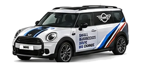 Mini Traveller Van in silver with custom van vinyl graphics, front three-quarter view.