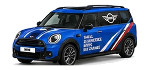 Mini Traveller Van in blue with custom van vinyl graphics, front three-quarter view.