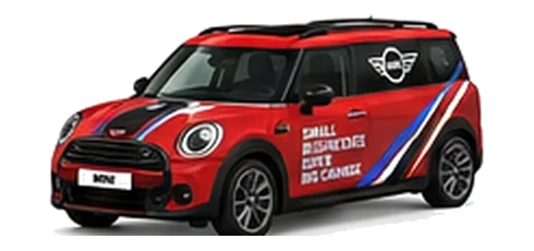 Mini Traveller Van in red with custom van vinyl graphics, front three-quarter view.