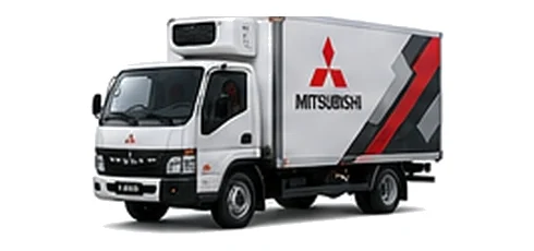 Mitsubishi Canter Fuso in white with custom van vinyl graphics, front three-quarter view.