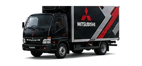 Mitsubishi Canter Fuso in black with custom van vinyl graphics, front three-quarter view.