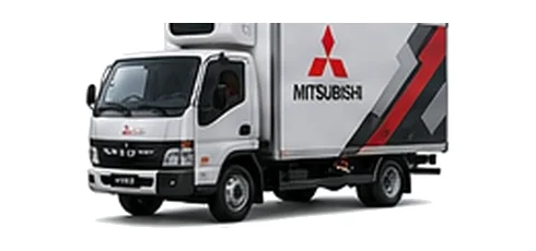 Mitsubishi Canter Fuso in silver with custom van vinyl graphics, front three-quarter view.