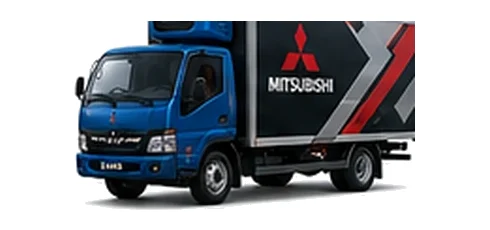 Mitsubishi Canter Fuso in blue with custom van vinyl graphics, front three-quarter view.