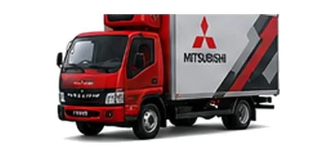 Mitsubishi Canter Fuso in red with custom van vinyl graphics, front three-quarter view.
