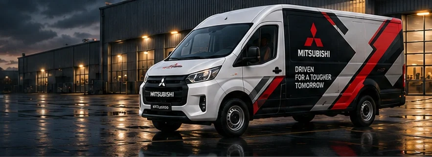 Mitsubishi van with custom vinyl graphics