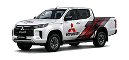 Mitsubishi L200 in white with custom van vinyl graphics, front three-quarter view.