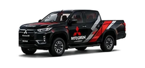 Mitsubishi L200 in black with custom van vinyl graphics, front three-quarter view.