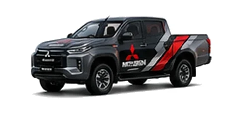Mitsubishi L200 in grey with custom van vinyl graphics, front three-quarter view.