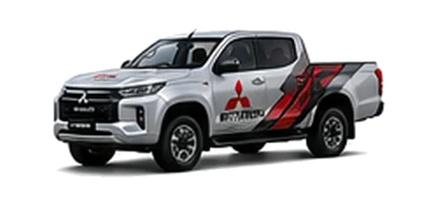 Mitsubishi L200 in silver with custom van vinyl graphics, front three-quarter view.