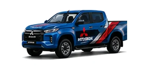 Mitsubishi L200 in blue with custom van vinyl graphics, front three-quarter view.