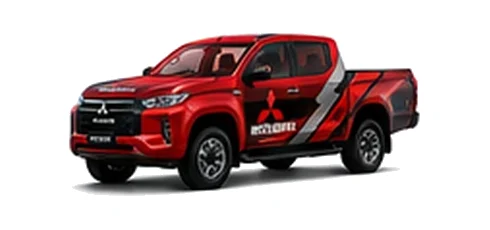 Mitsubishi L200 in red with custom van vinyl graphics, front three-quarter view.