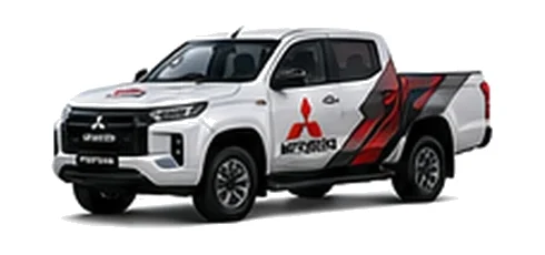 Mitsubishi L200 Triton in white with custom van vinyl graphics, front three-quarter view.