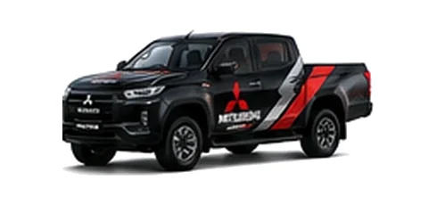 Mitsubishi L200 Triton in black with custom van vinyl graphics, front three-quarter view.