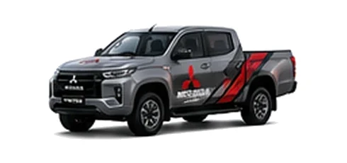 Mitsubishi L200 Triton in grey with custom van vinyl graphics, front three-quarter view.