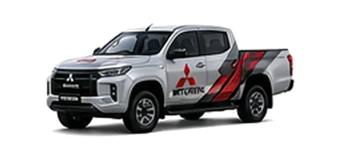 Mitsubishi L200 Triton in silver with custom van vinyl graphics, front three-quarter view.