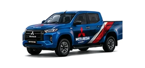 Mitsubishi L200 Triton in blue with custom van vinyl graphics, front three-quarter view.
