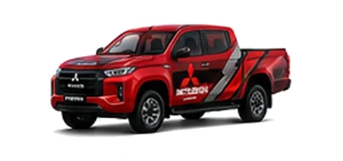 Mitsubishi L200 Triton in red with custom van vinyl graphics, front three-quarter view.