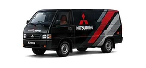Mitsubishi L300 in black with custom van vinyl graphics, front three-quarter view.
