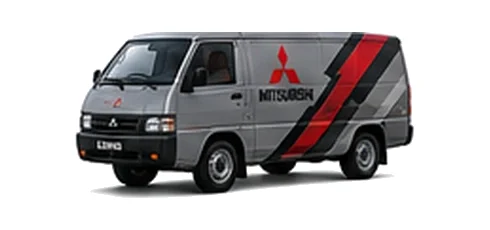 Mitsubishi L300 in grey with custom van vinyl graphics, front three-quarter view.