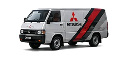 Mitsubishi L300 in silver with custom van vinyl graphics, front three-quarter view.
