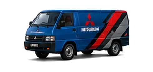 Mitsubishi L300 in blue with custom van vinyl graphics, front three-quarter view.