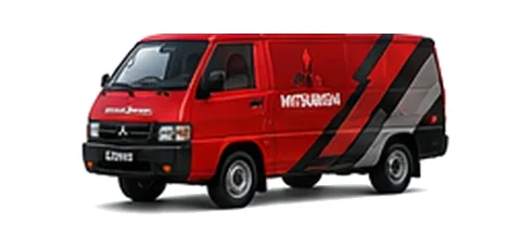 Mitsubishi L300 in red with custom van vinyl graphics, front three-quarter view.