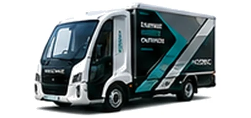 Modec Box Van in white with custom van vinyl graphics, front three-quarter view.